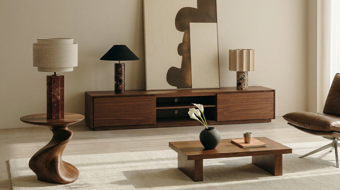 Trois lampes Maison Khaleb sur un buffet en noyer